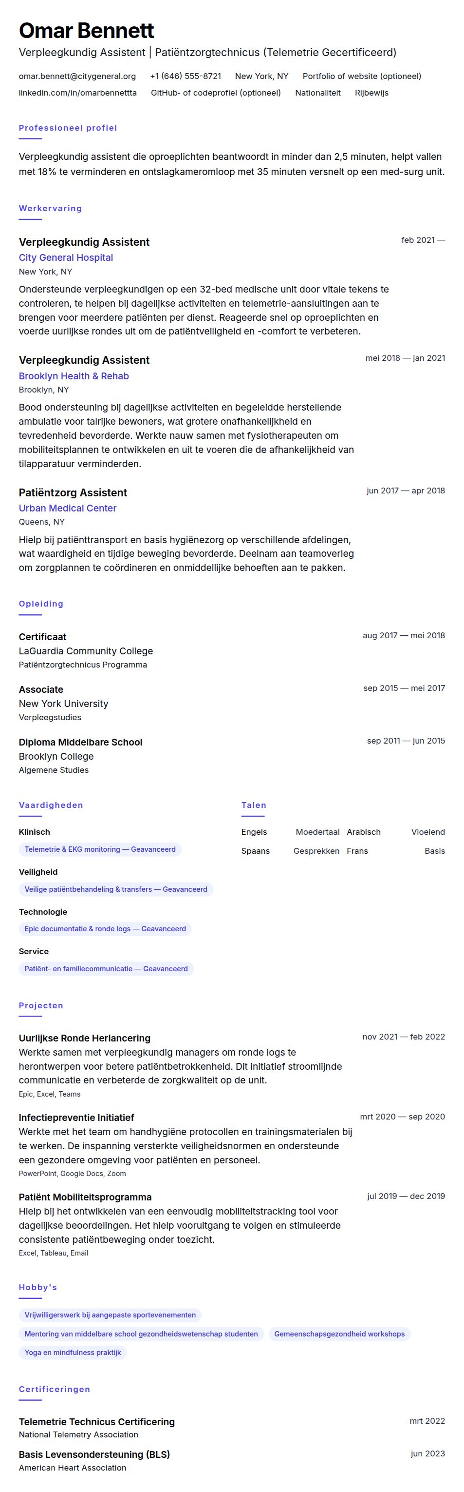 Cv-voorvertoning voor Verpleegkundig Assistent CV Voorbeeld