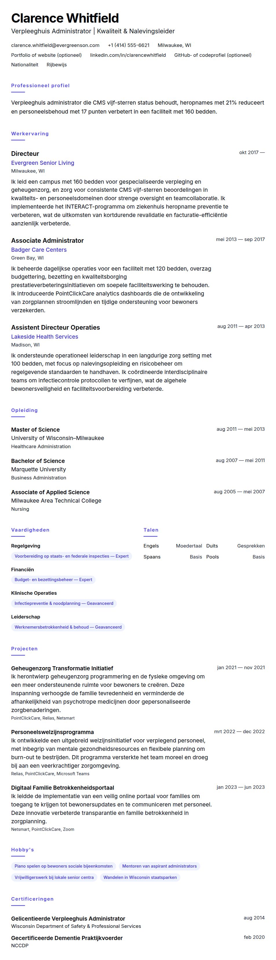 Cv-voorvertoning voor Verpleeghuis Administrator CV Voorbeeld