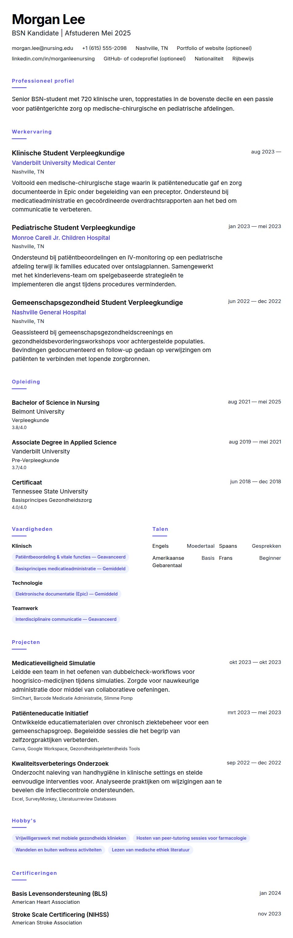 Cv-voorvertoning voor Voorbeeld CV Verpleegkundestudent