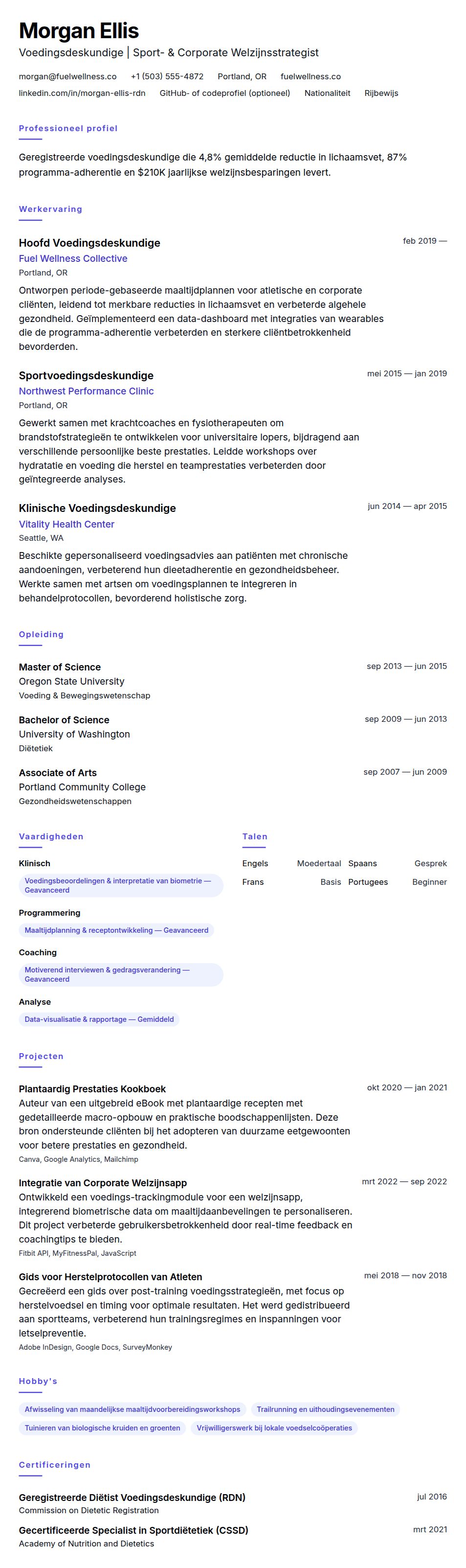 Cv-voorvertoning voor Voedingsdeskundige CV-voorbeeld