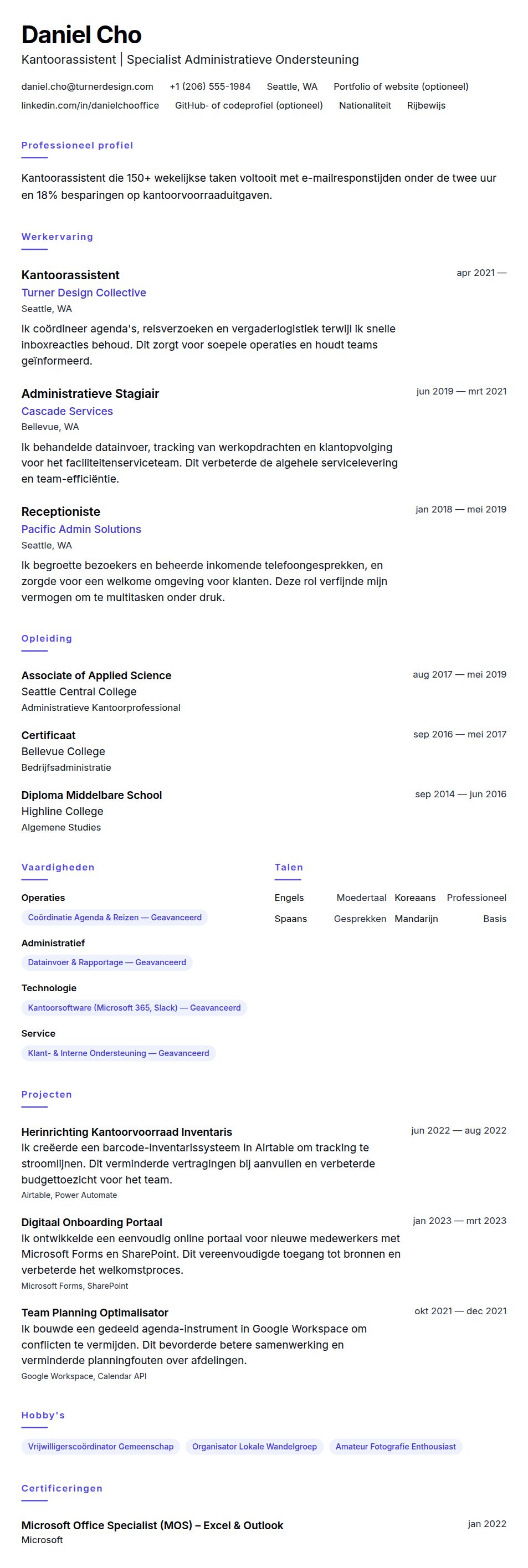 Cv-voorvertoning voor Voorbeeld CV Kantoorassistent