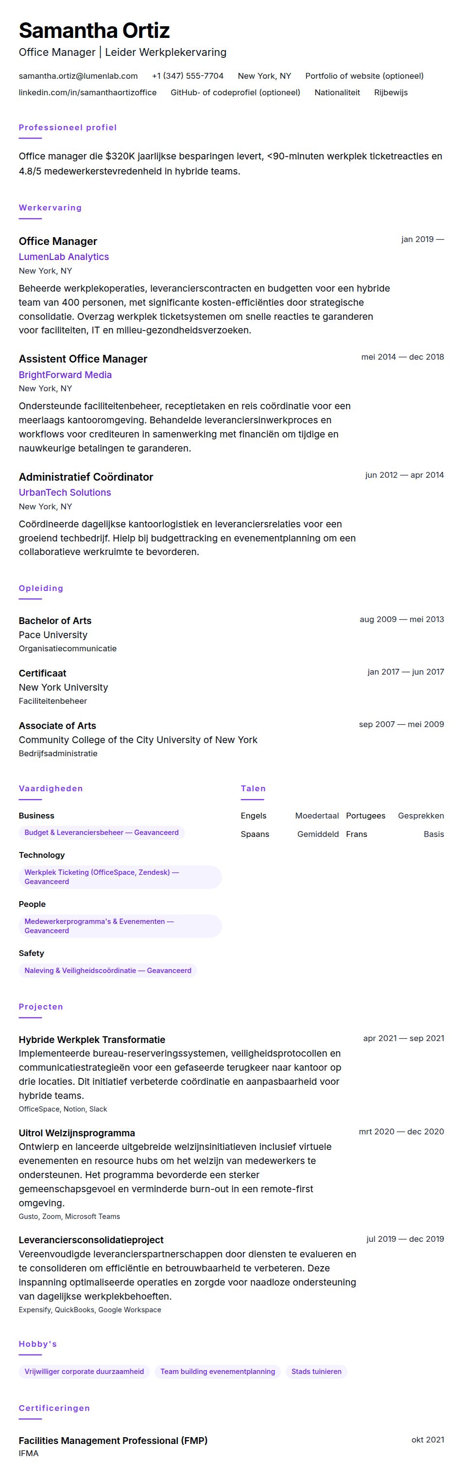 Cv-voorvertoning voor Voorbeeld cv Office Manager