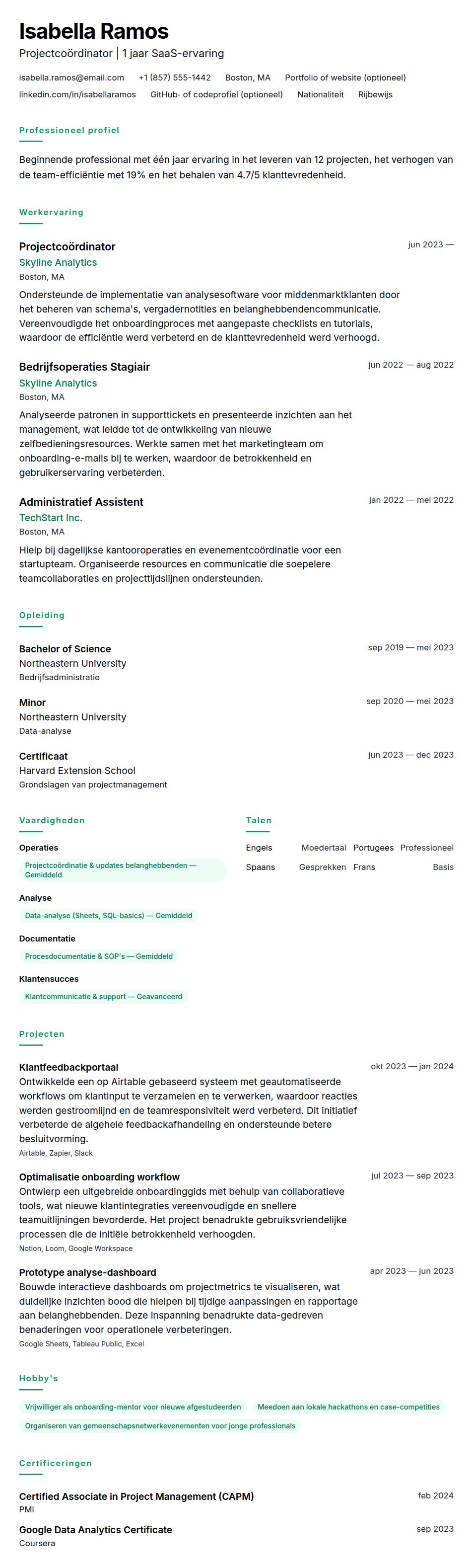 Cv-voorvertoning voor Voorbeeld cv met één jaar ervaring