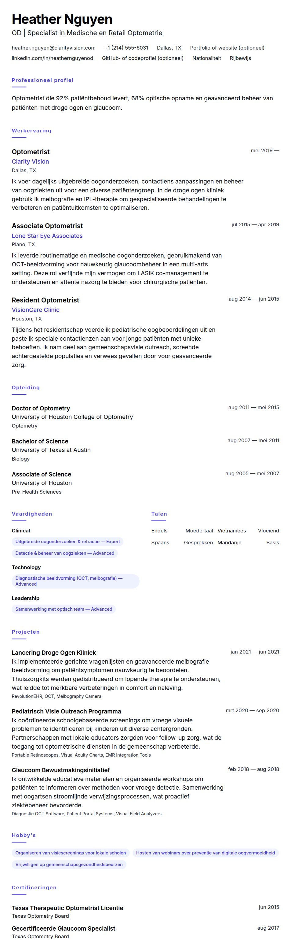 Cv-voorvertoning voor Optometrist Voorbeeld CV