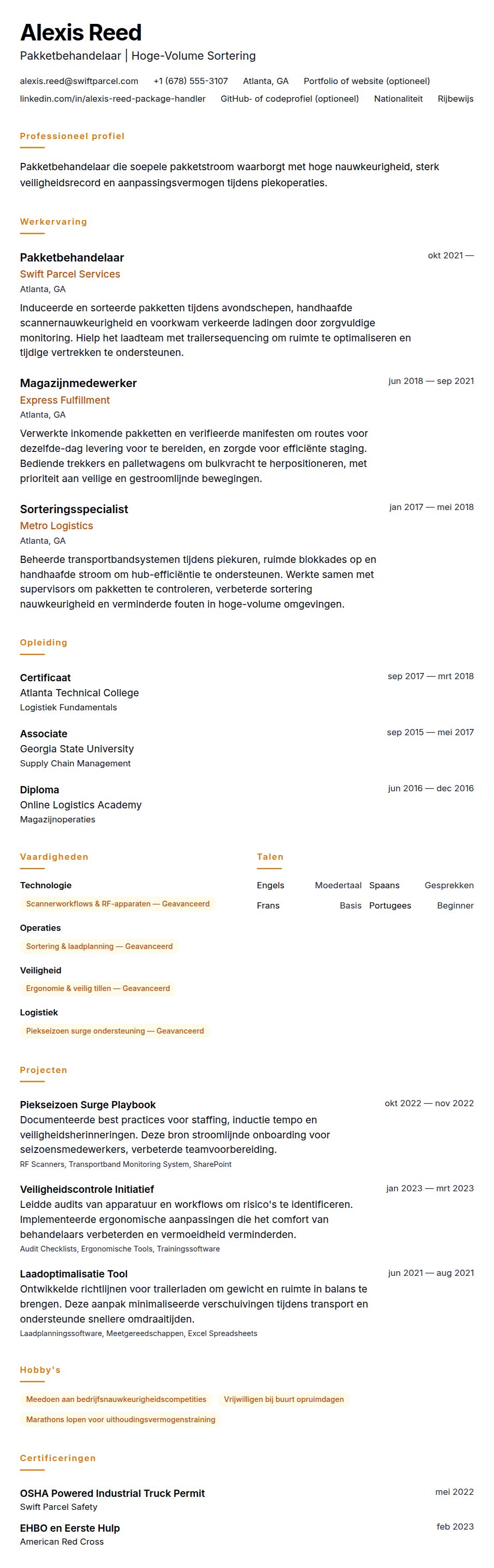 Cv-voorvertoning voor Voorbeeld CV Pakketbehandelaar