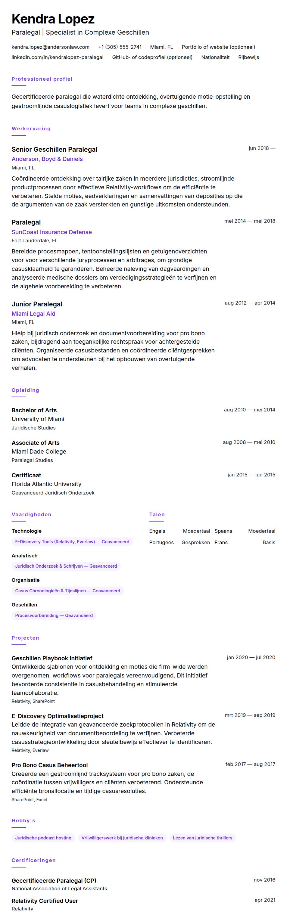 Cv-voorvertoning voor Voorbeeld cv Paralegal