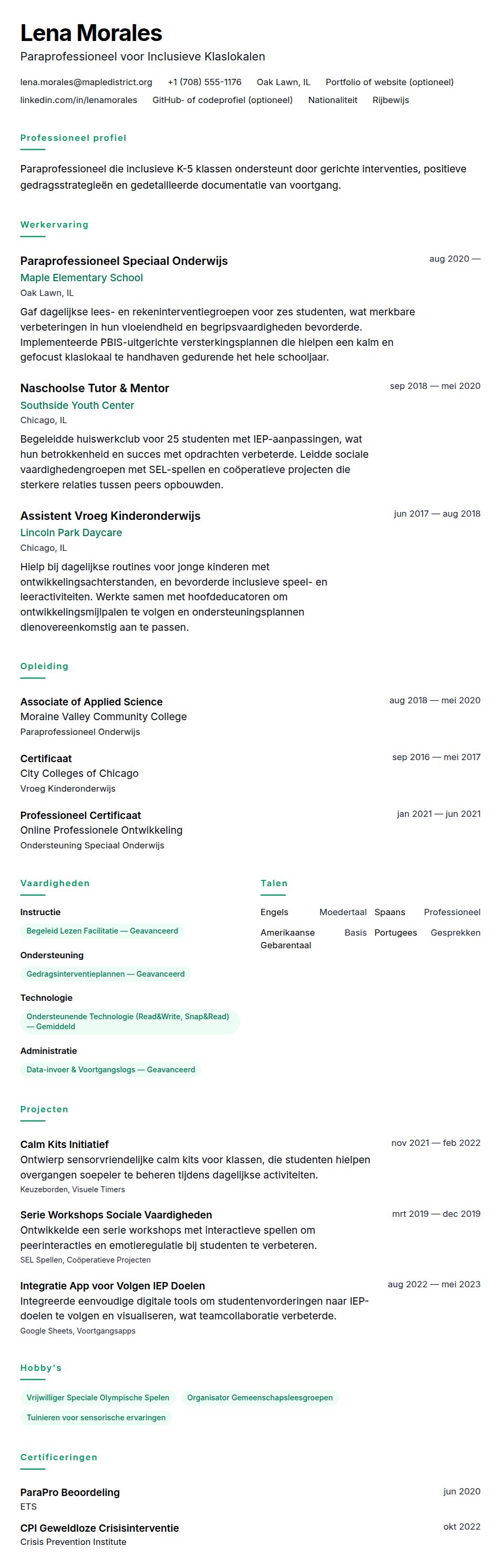 Voorbeeld CV Paraprofessioneel