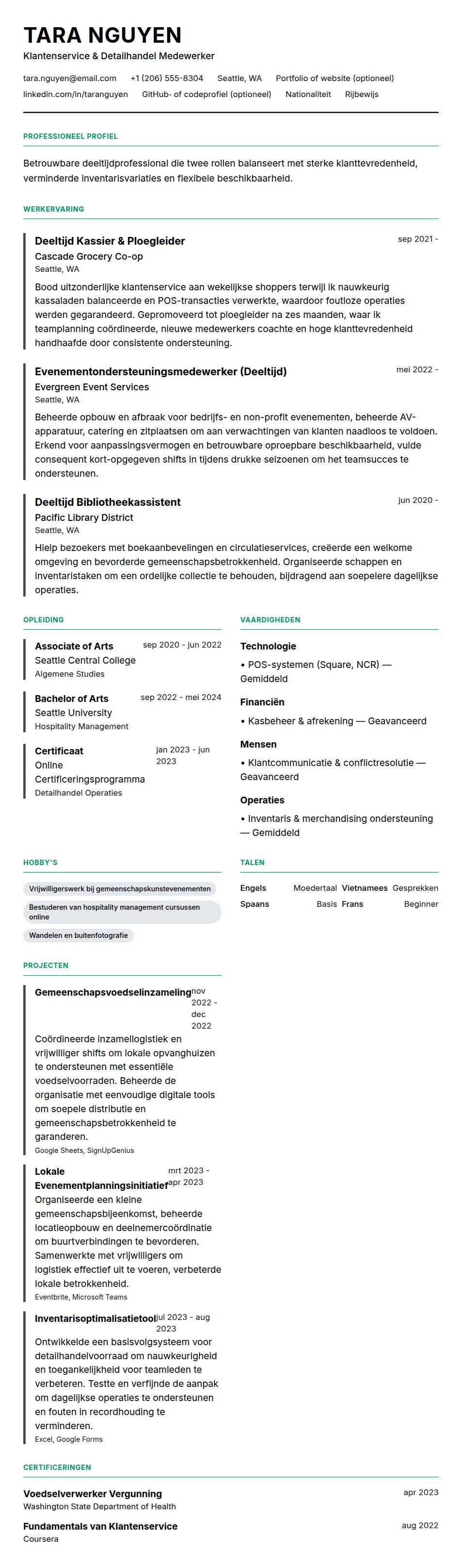 Cv-voorvertoning voor Voorbeeld CV voor een Deeltijdbaan