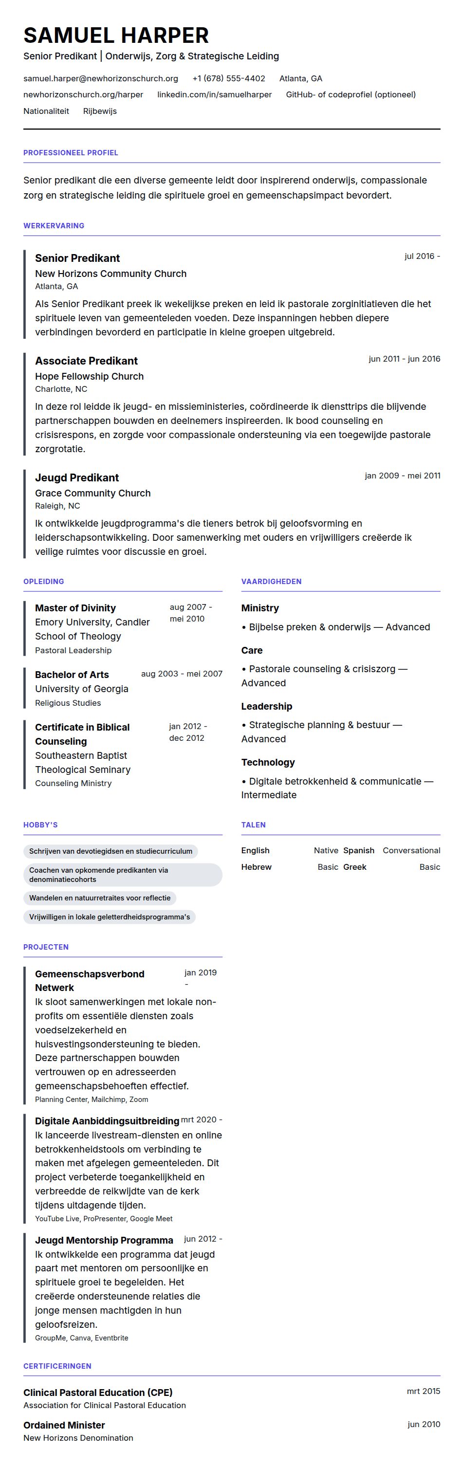Cv-voorvertoning voor Predikant CV-voorbeeld