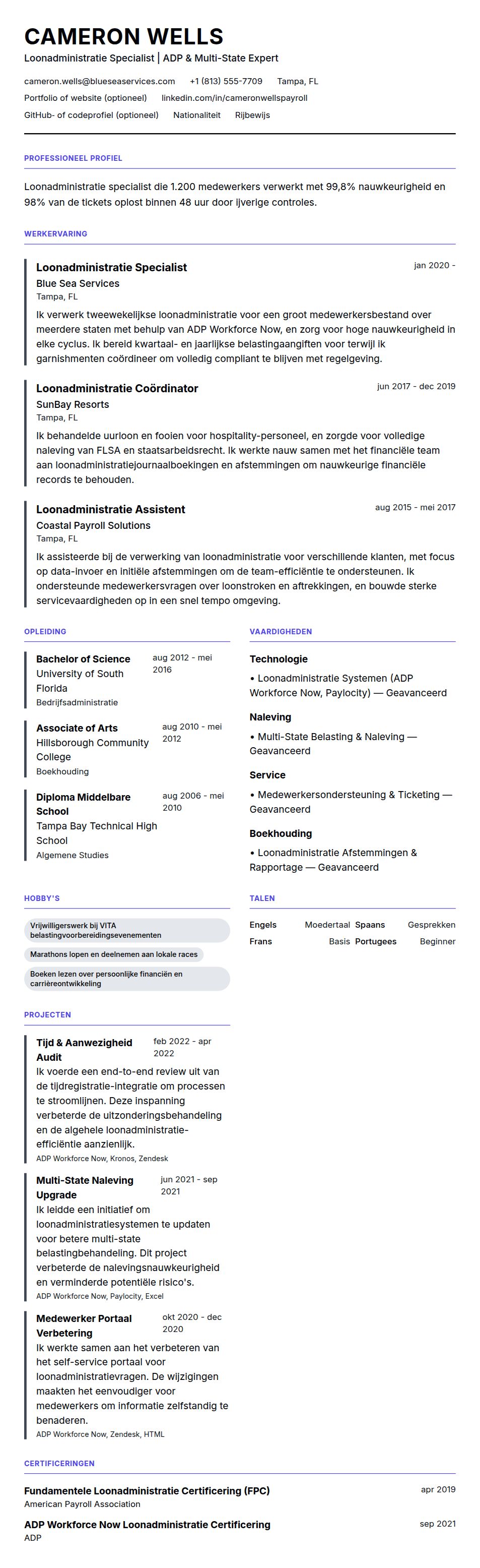 Cv-voorvertoning voor Loonadministratie Specialist CV Voorbeeld