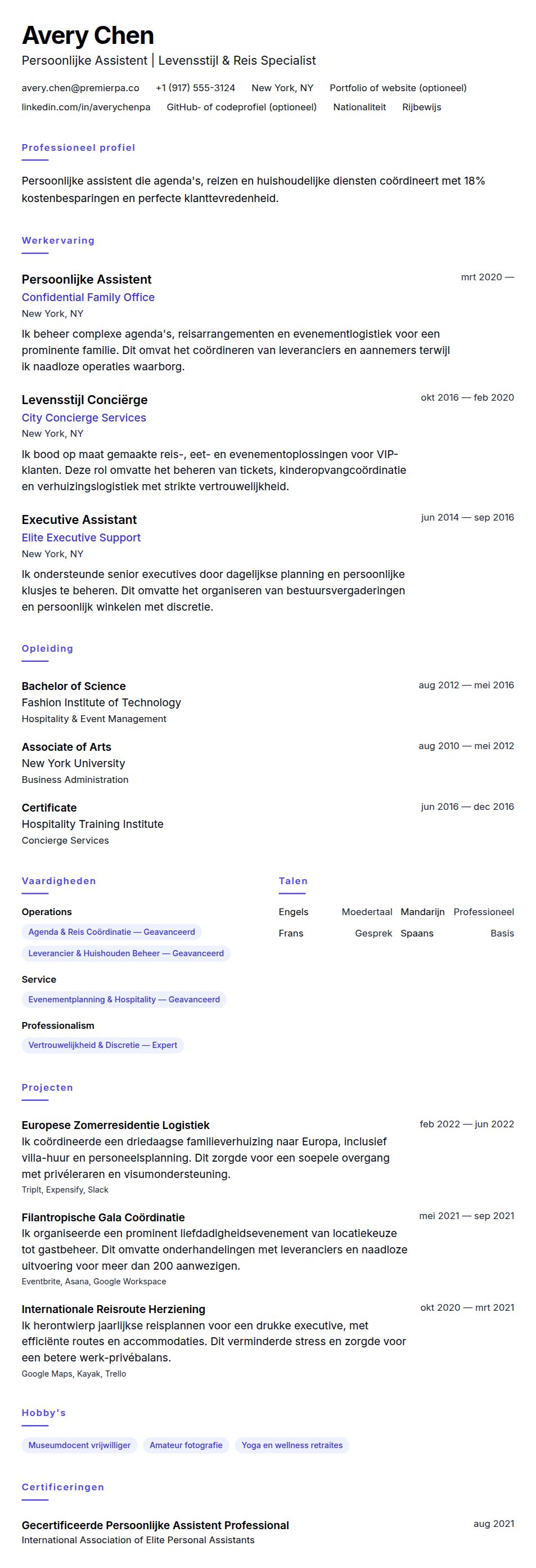 Cv-voorvertoning voor Voorbeeld CV Persoonlijke Assistent