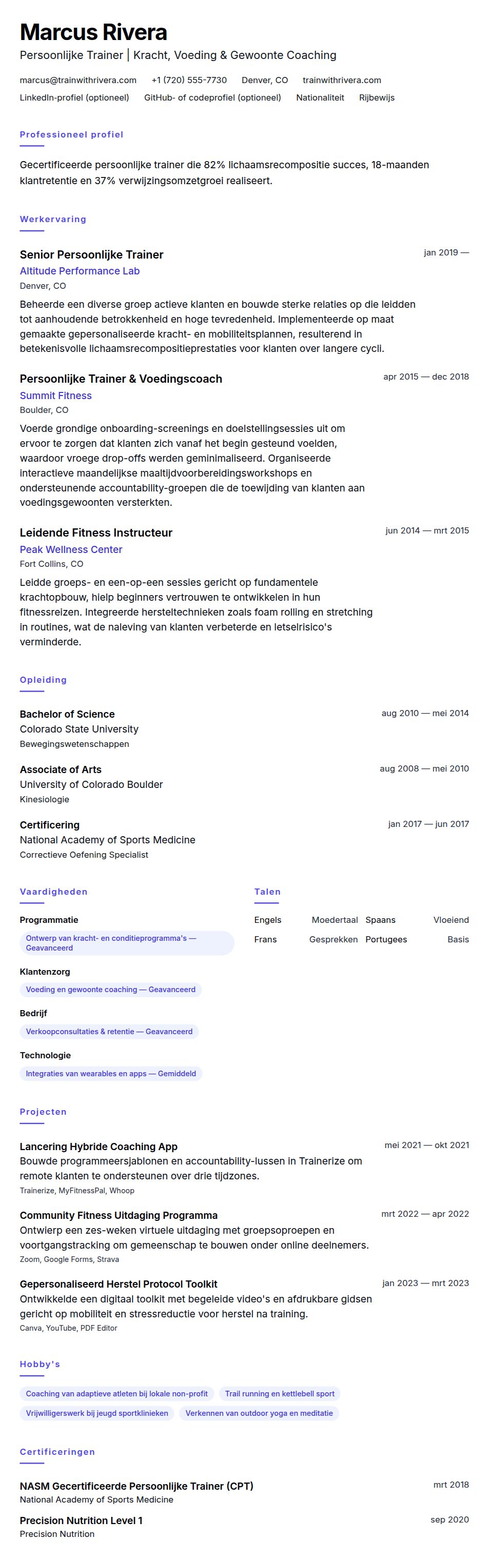 Cv-voorvertoning voor Voorbeeld CV Persoonlijke Trainer