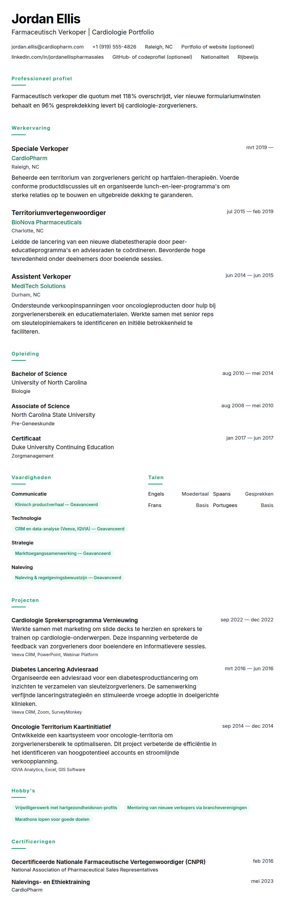 Cv-voorvertoning voor Farmaceutisch Verkoper CV Voorbeeld