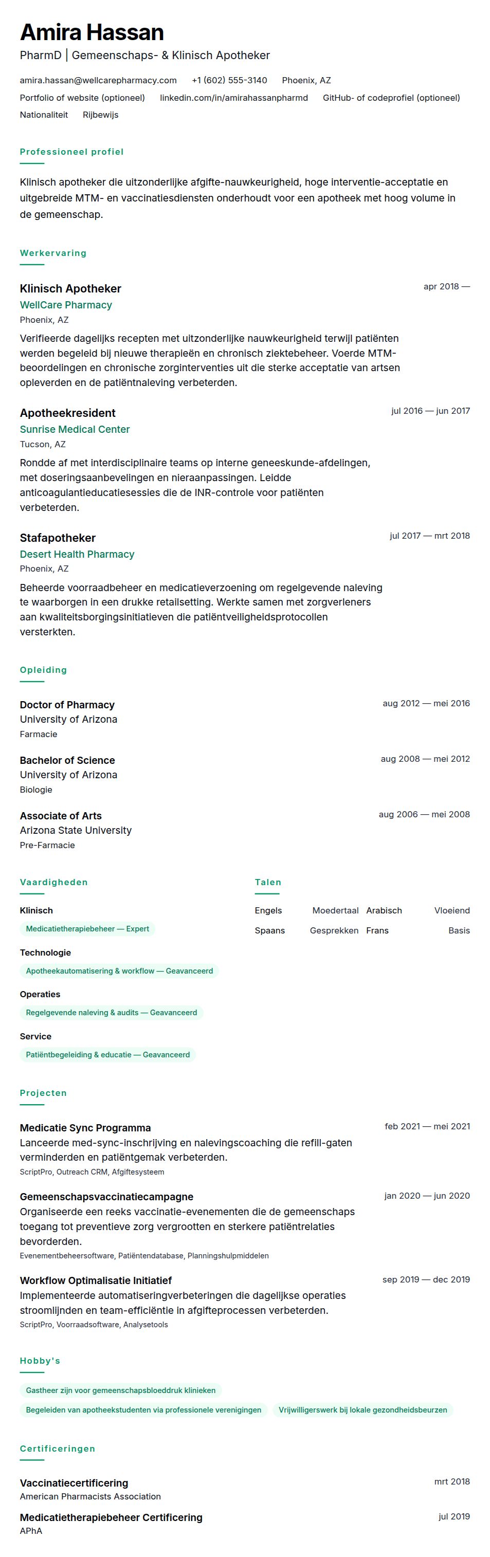 Cv-voorvertoning voor Apotheker CV-voorbeeld
