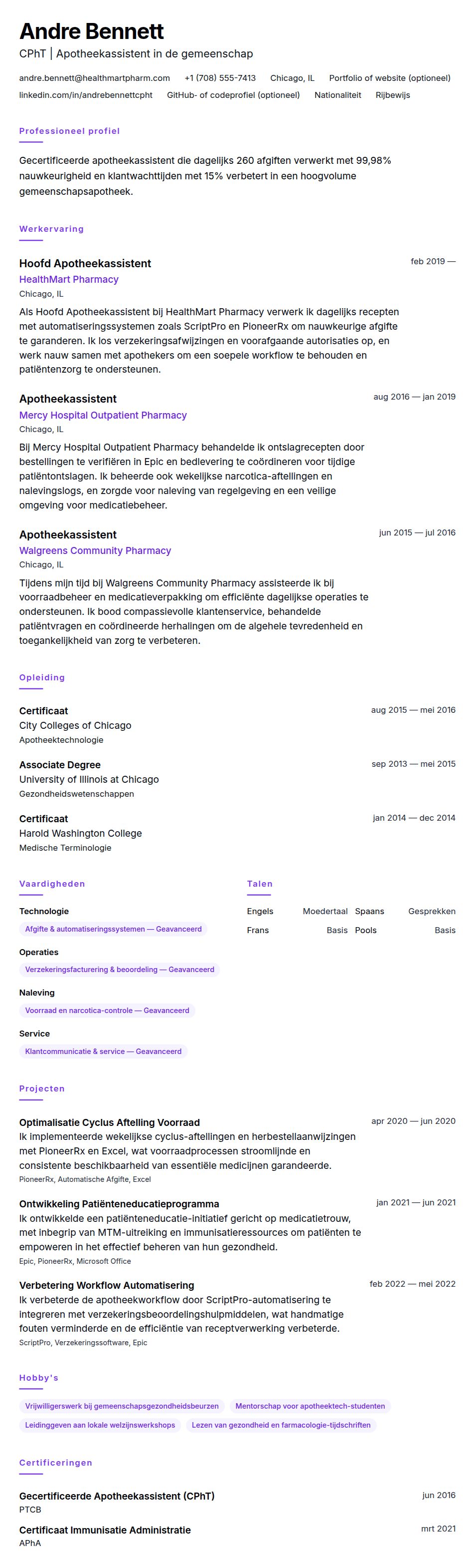 Cv-voorvertoning voor Voorbeeld cv Apotheekassistent