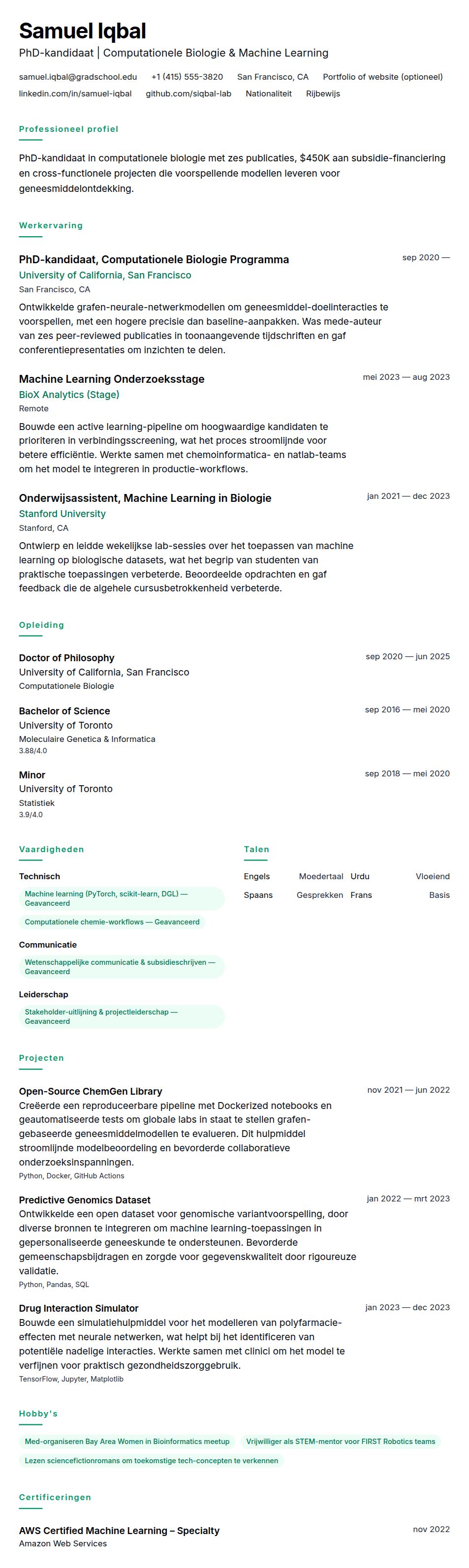 Cv-voorvertoning voor PhD CV Voorbeeld