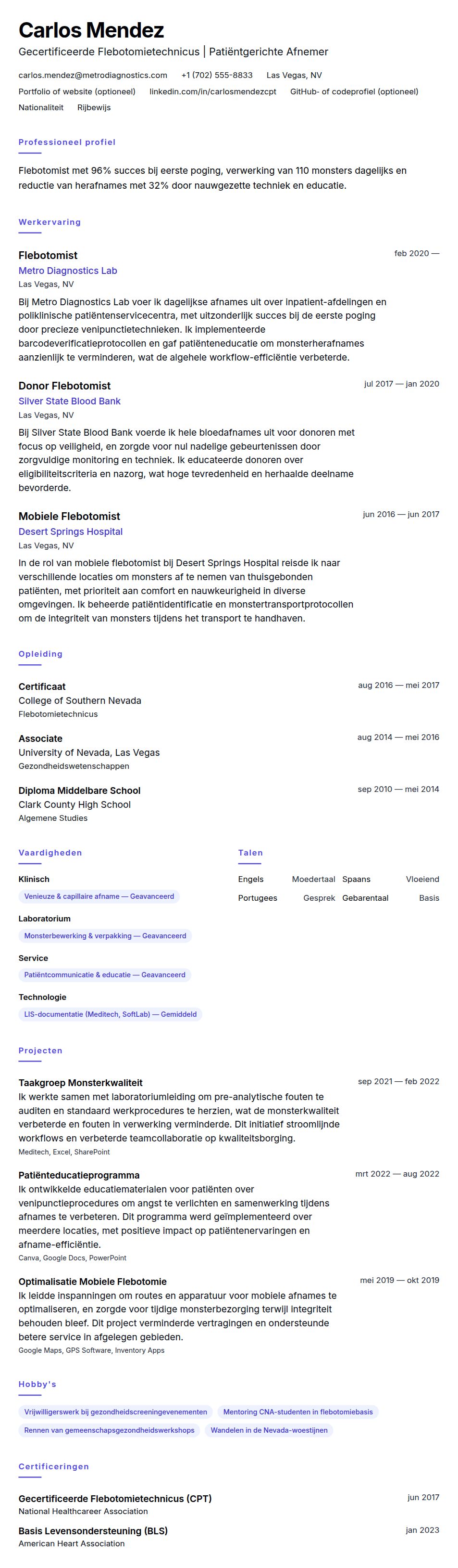 Flebotomist CV-voorbeeld