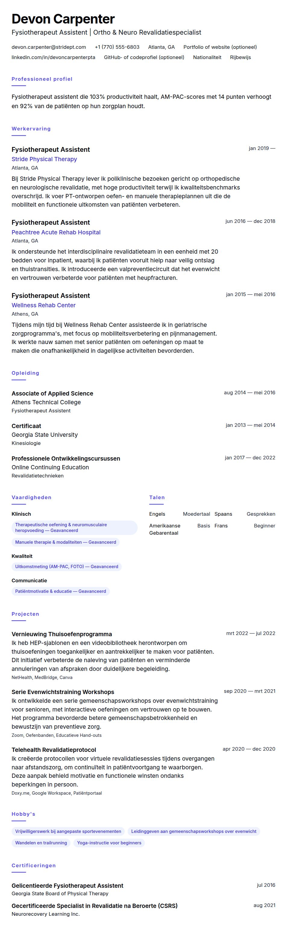 Cv-voorvertoning voor Fysiotherapeut Assistent (PTA) CV Voorbeeld