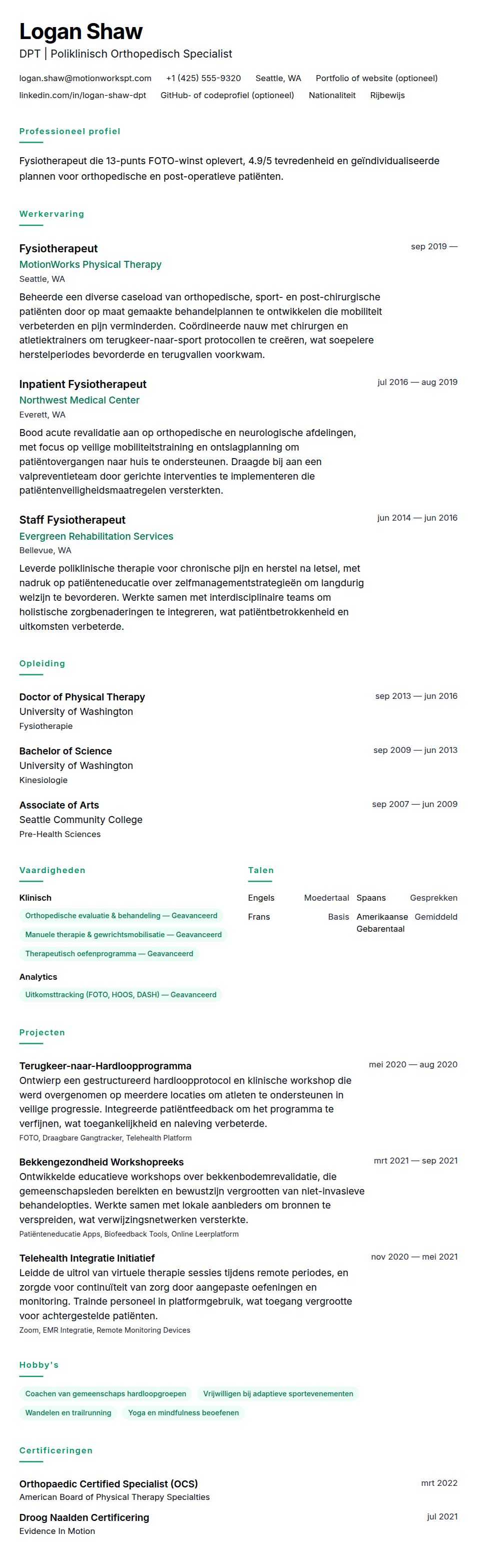Cv-voorvertoning voor Fysiotherapeut CV-voorbeeld