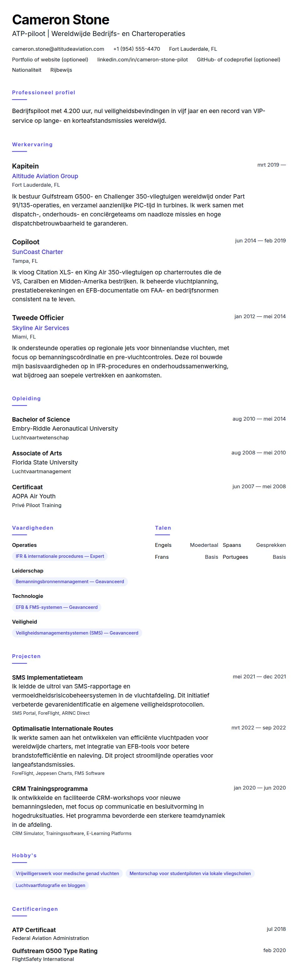 Cv-voorvertoning voor Voorbeeld CV Piloot
