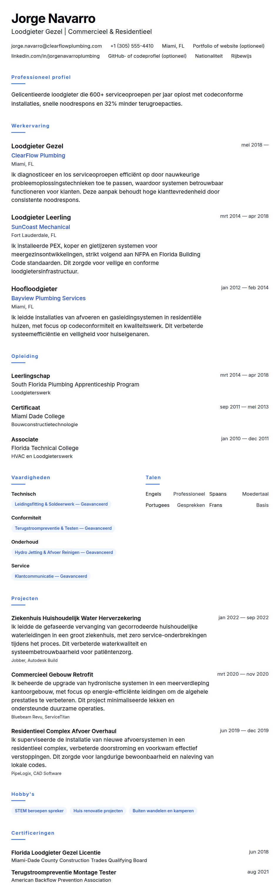 Cv-voorvertoning voor Loodgieter CV Voorbeeld