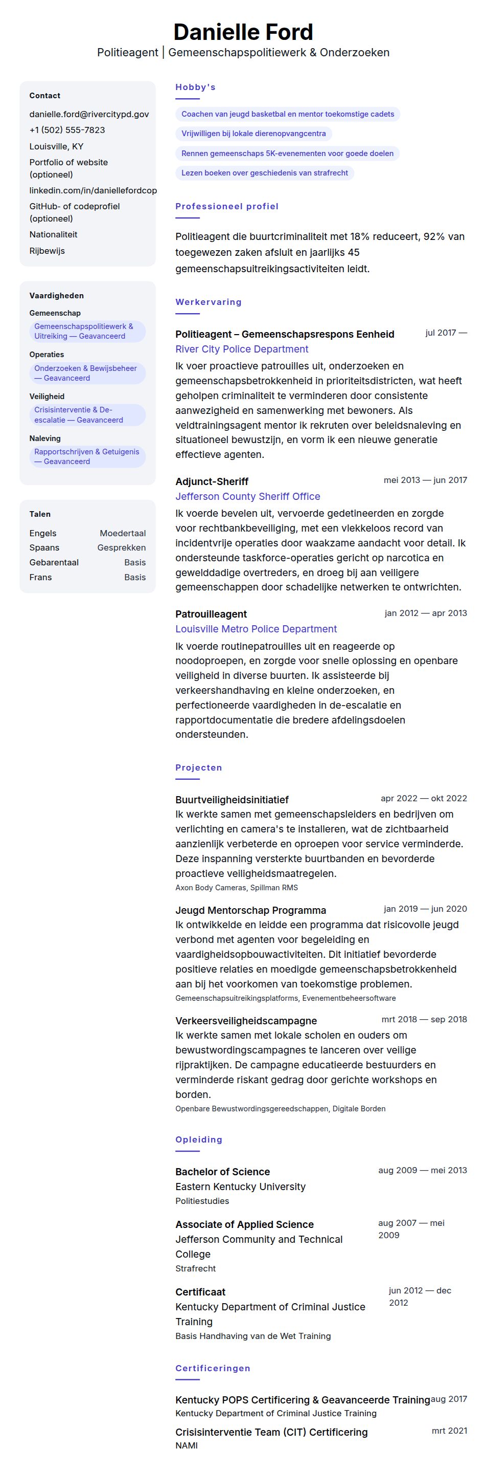Cv-voorvertoning voor Politieagent CV Voorbeeld