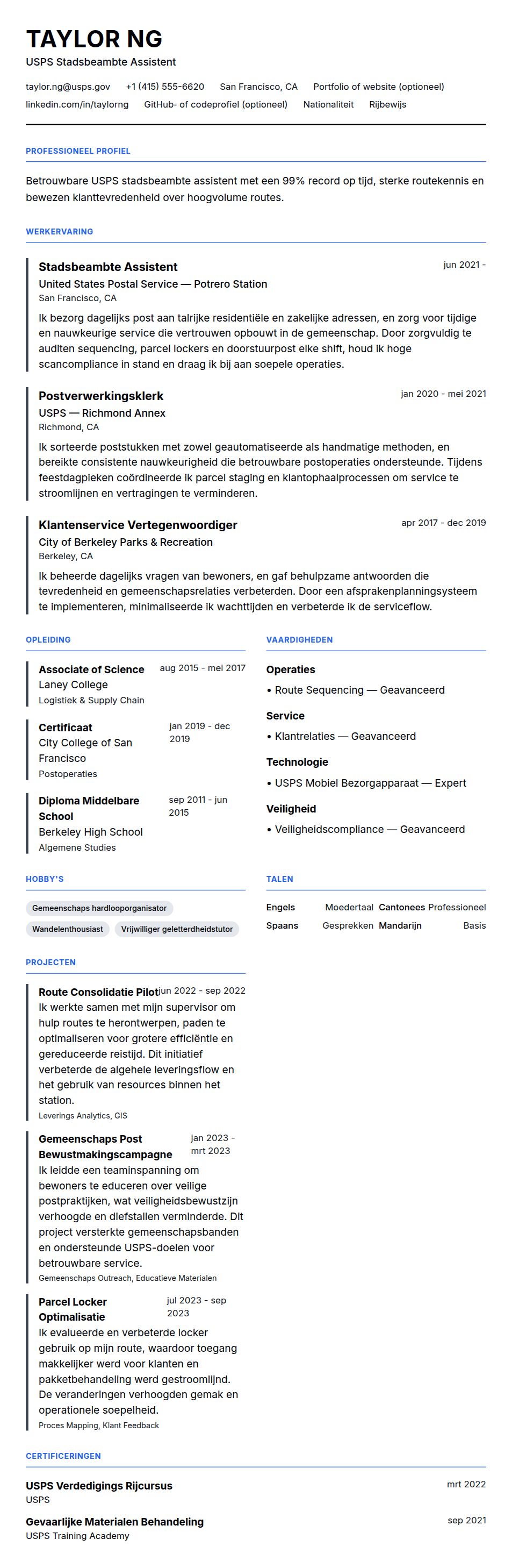 Voorbeeld cv postmedewerker