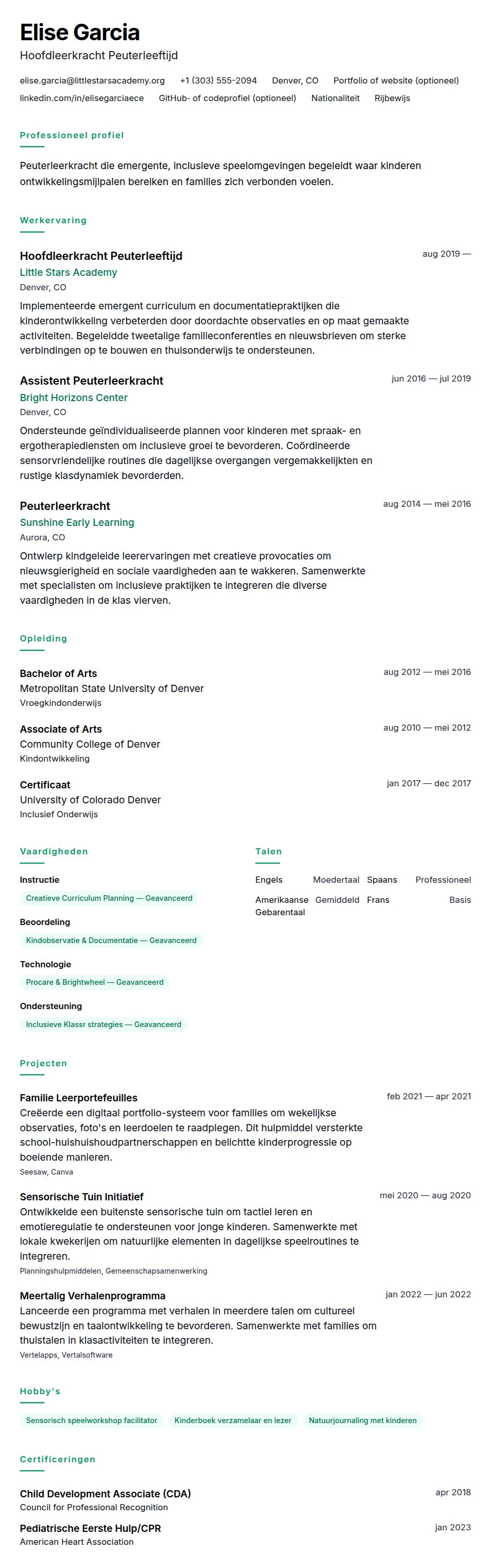 Cv-voorvertoning voor Voorbeeld cv peuterleerkracht