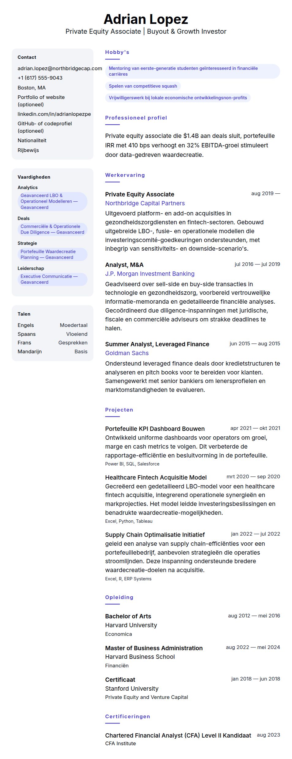 Voorbeeld CV Private Equity Associate