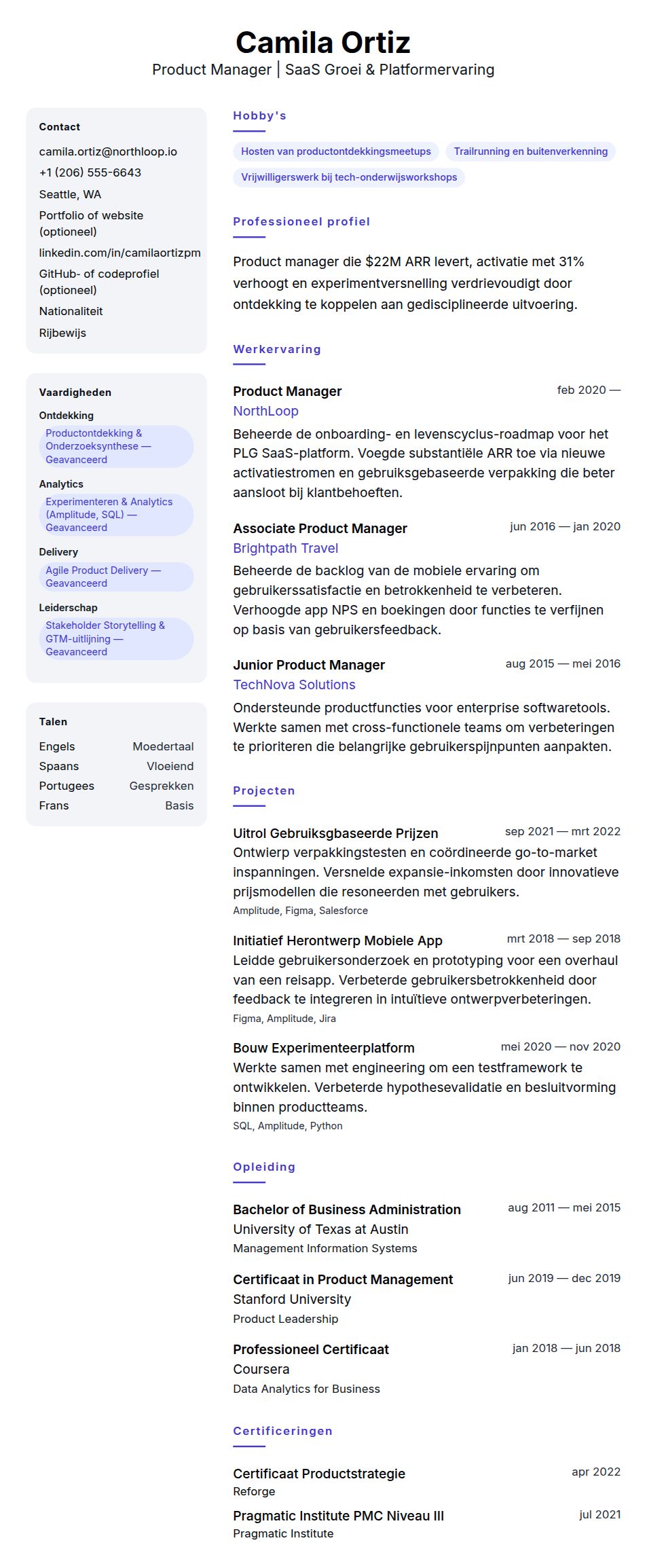 Cv-voorvertoning voor Voorbeeld CV Product Manager