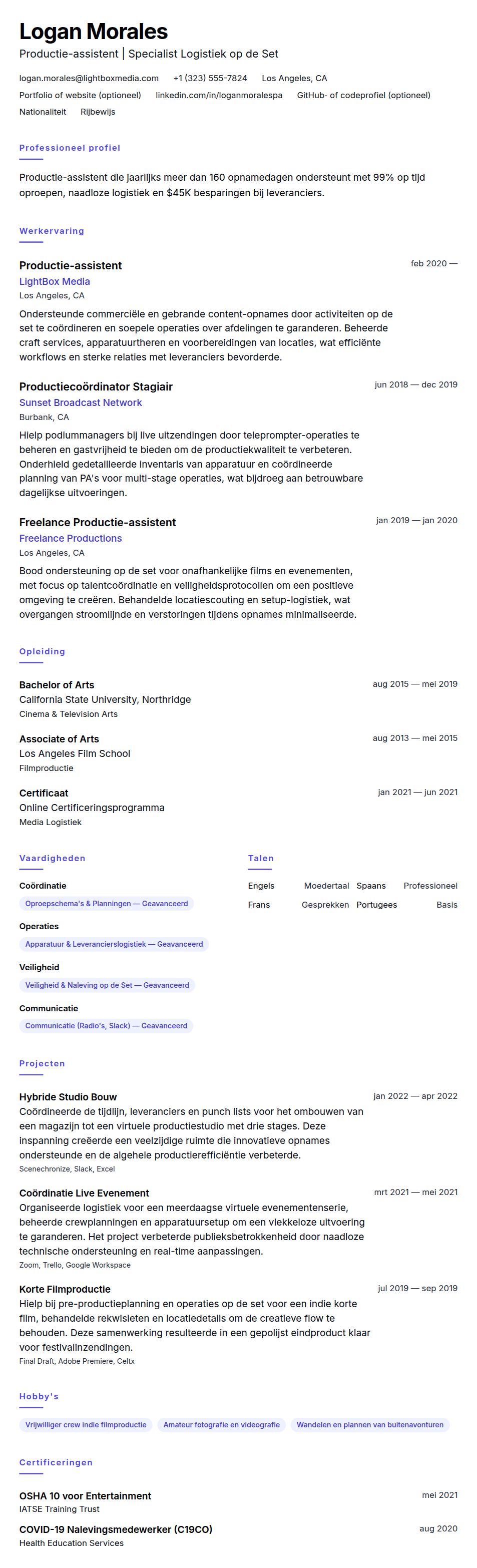 Cv-voorvertoning voor Productie-assistent CV-voorbeeld