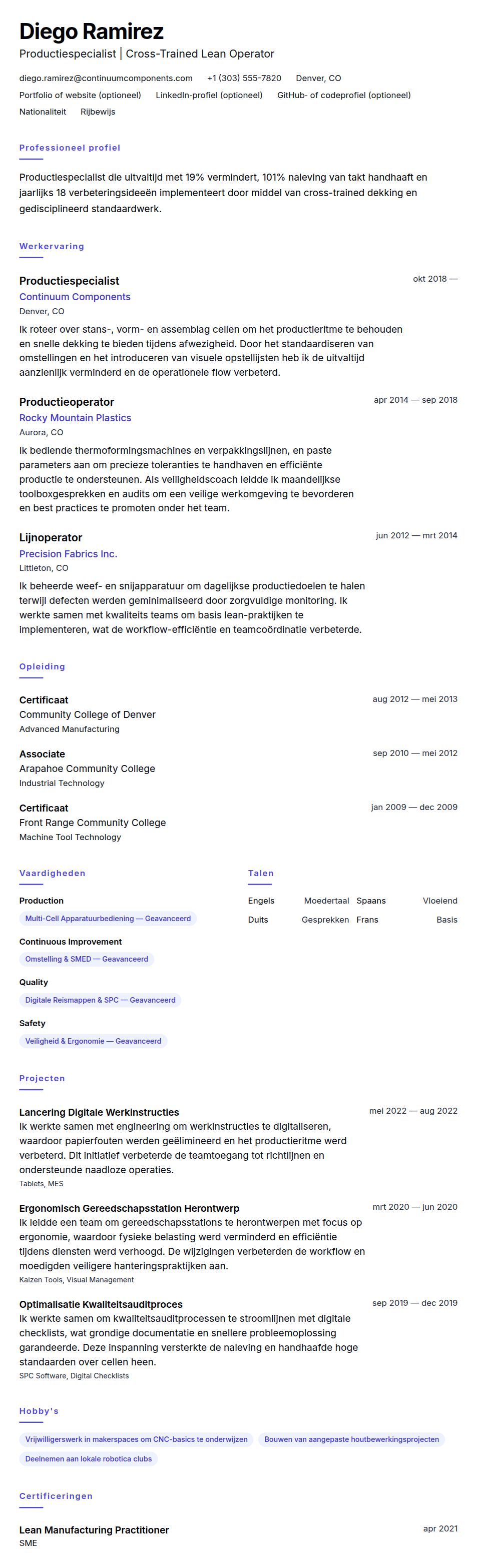 Cv-voorvertoning voor Productiespecialist CV-voorbeeld