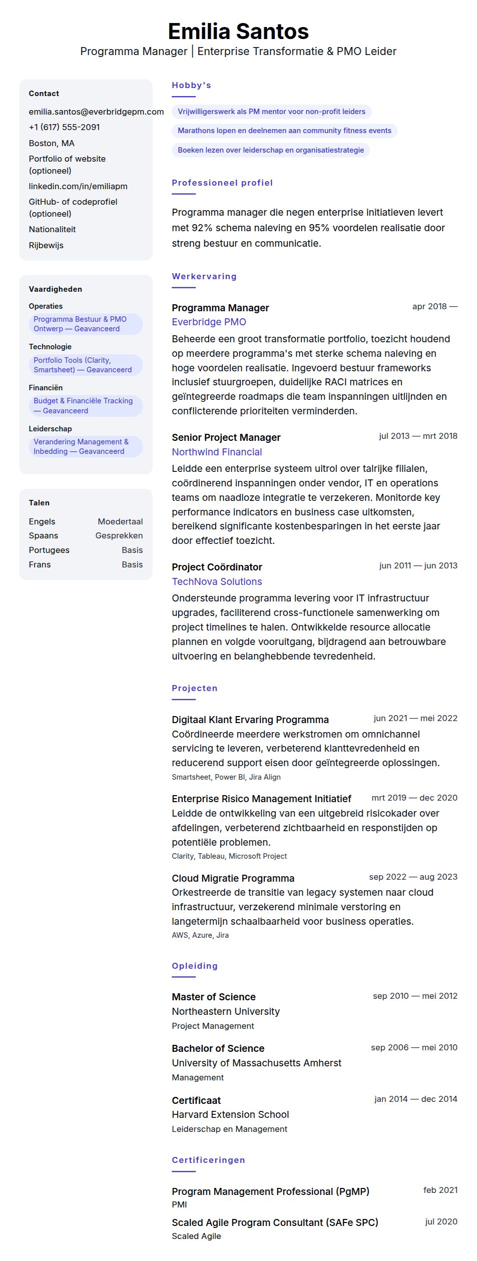 Cv-voorvertoning voor Voorbeeld CV Programma Manager