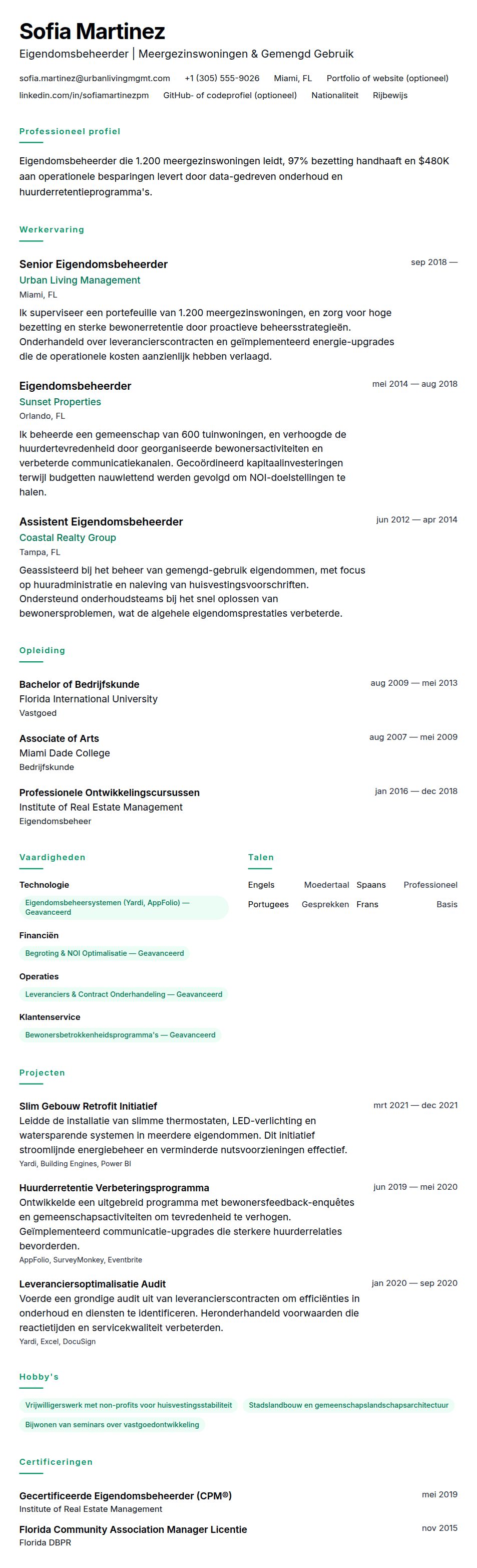 Cv-voorvertoning voor Voorbeeld CV Eigendomsbeheerder