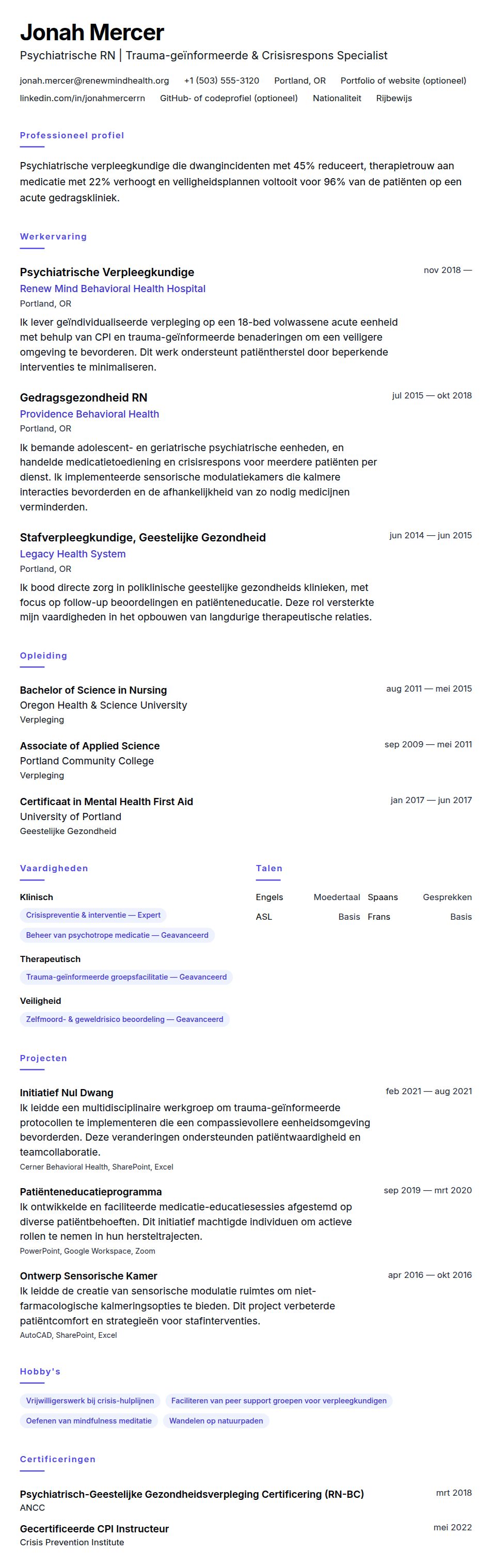 Cv-voorvertoning voor Voorbeeld CV Psychiatrische Verpleegkundige