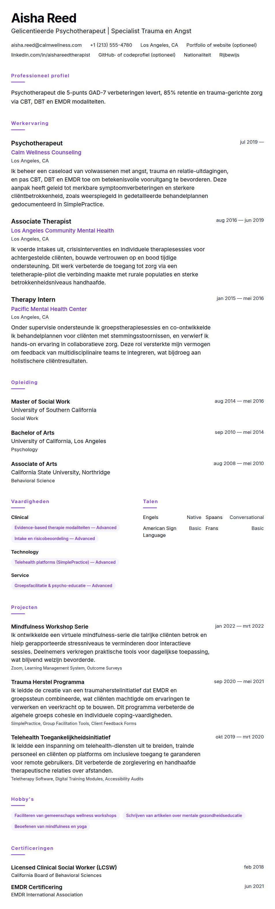 Cv-voorvertoning voor Voorbeeld CV Psychotherapeut
