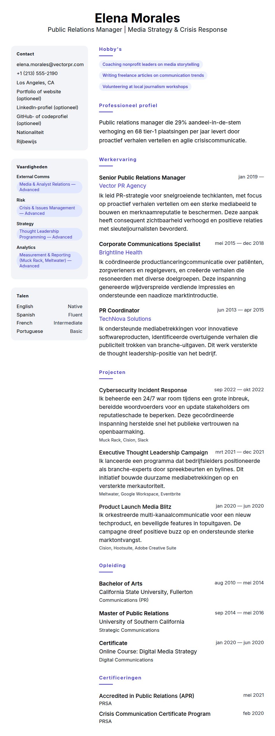 Public Relations Manager Voorbeeldcv