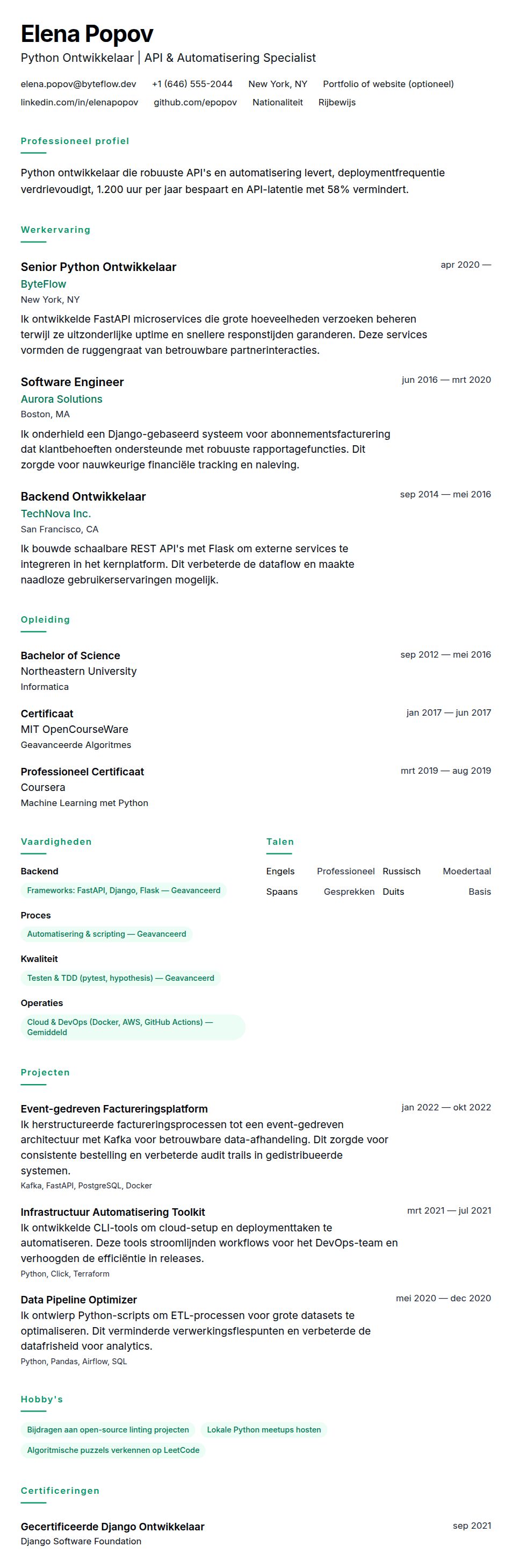 Cv-voorvertoning voor Voorbeeld CV Python Ontwikkelaar