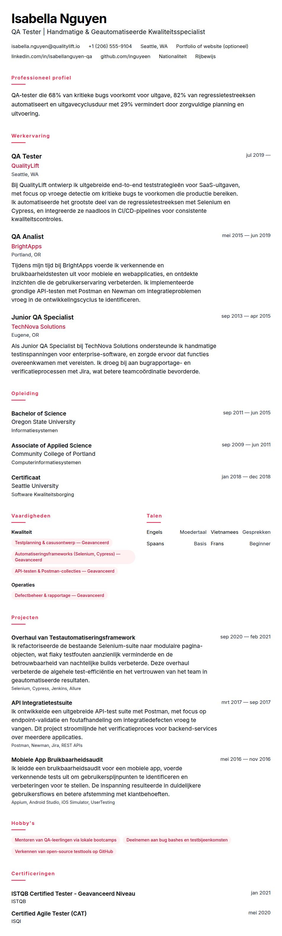 Cv-voorvertoning voor QA Tester CV-voorbeeld