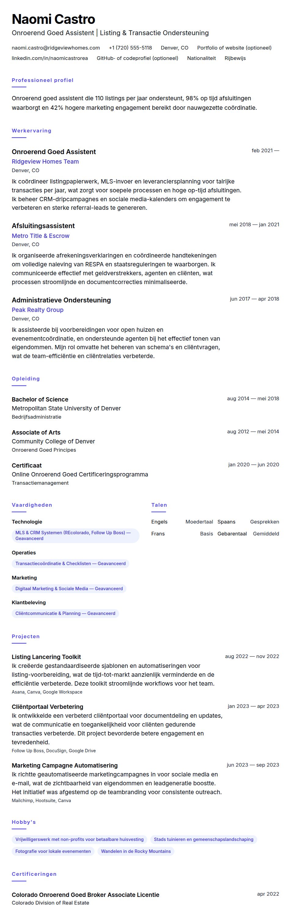 Cv-voorvertoning voor Voorbeeld CV Onroerend Goed Assistent