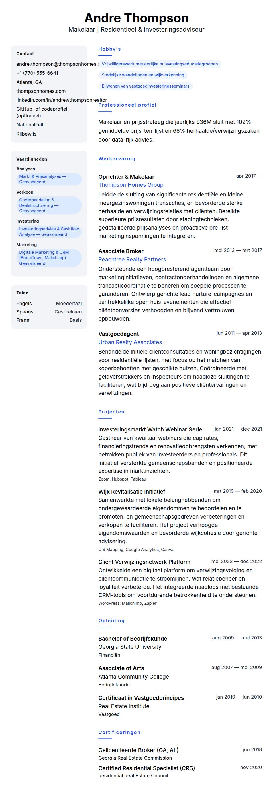 Cv-voorvertoning voor Makelaar CV Voorbeeld