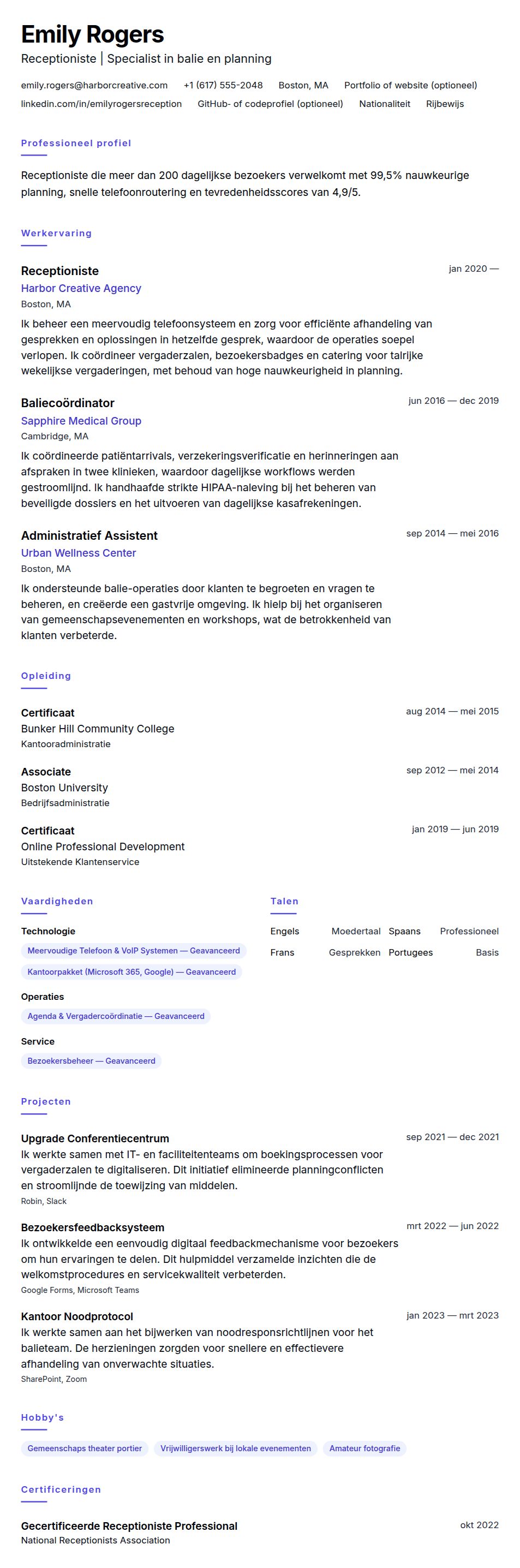 Cv-voorvertoning voor Voorbeeld cv receptioniste