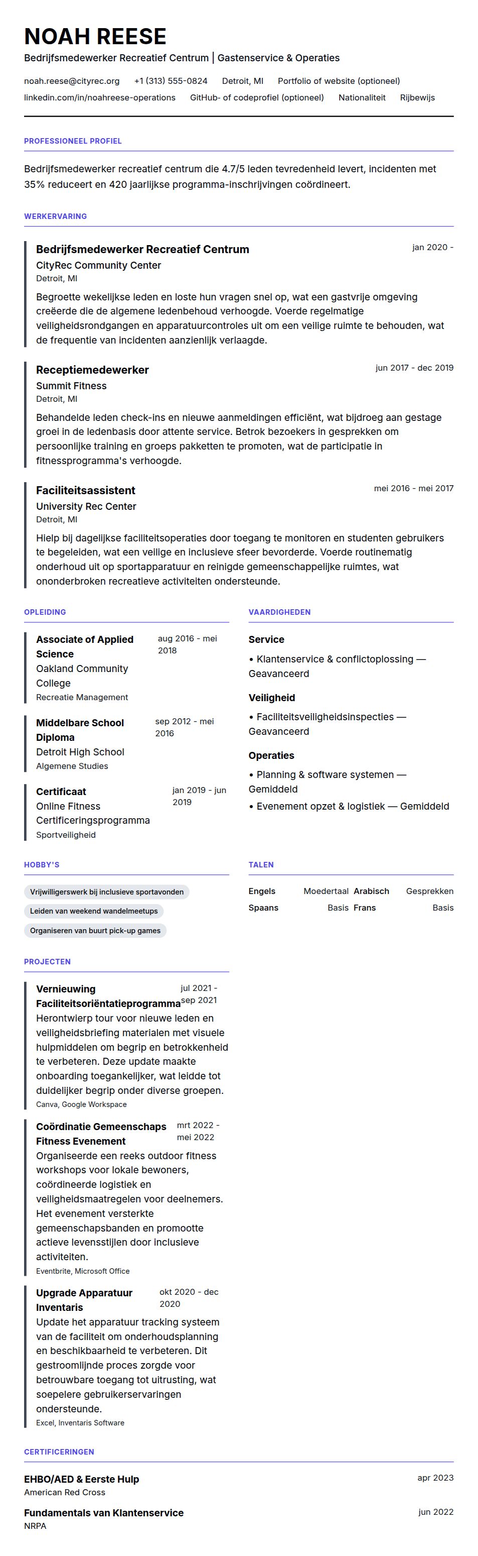 Voorbeeld CV Bedrijfsmedewerker Recreatief Centrum