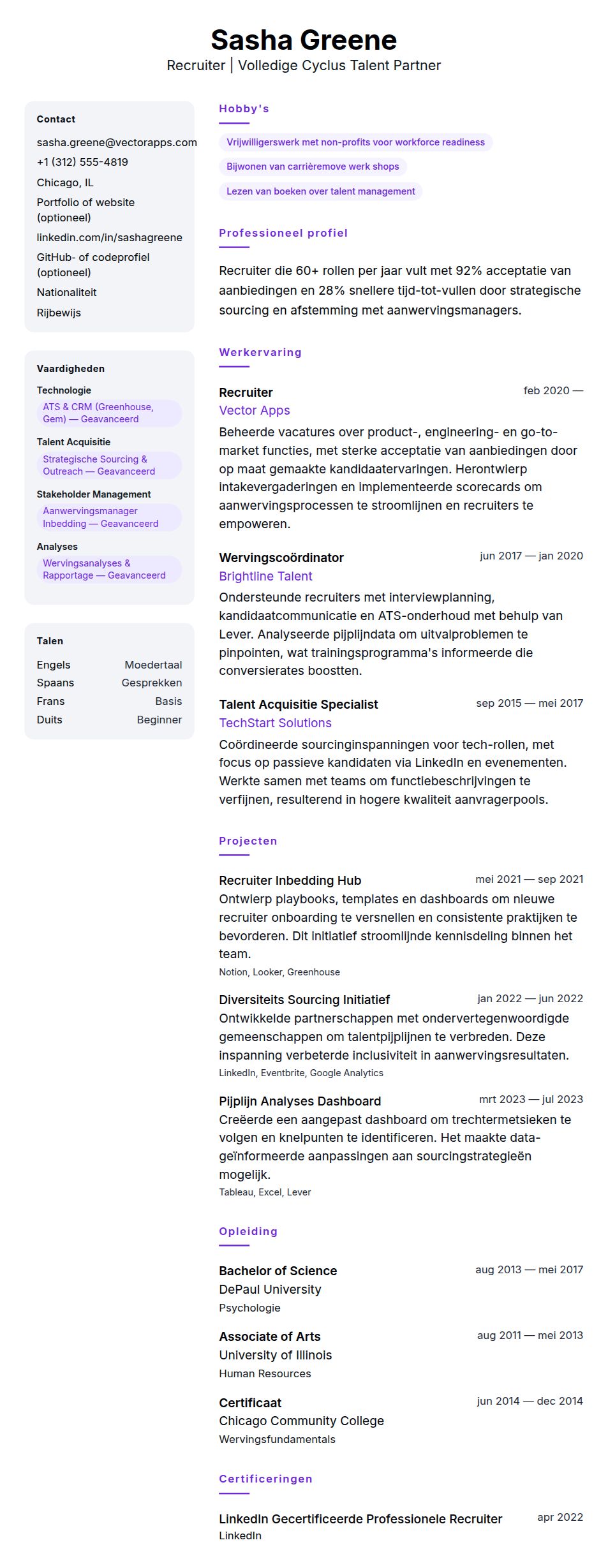 Cv-voorvertoning voor Voorbeeld CV Recruiter