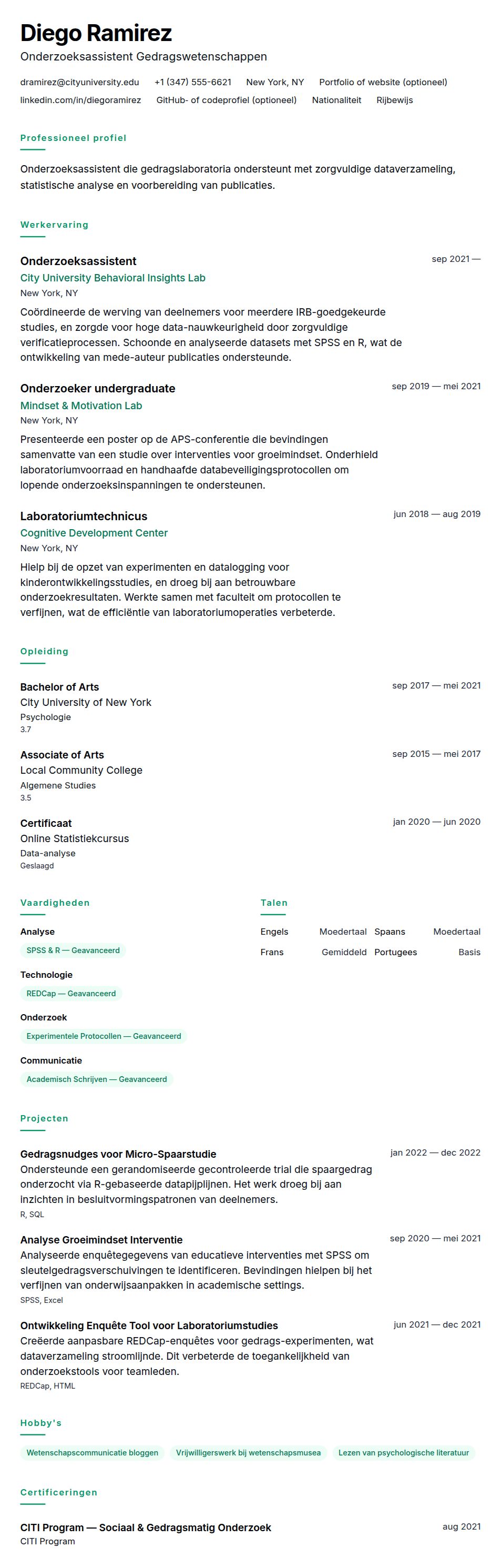 Cv-voorvertoning voor Voorbeeld CV Onderzoeksassistent