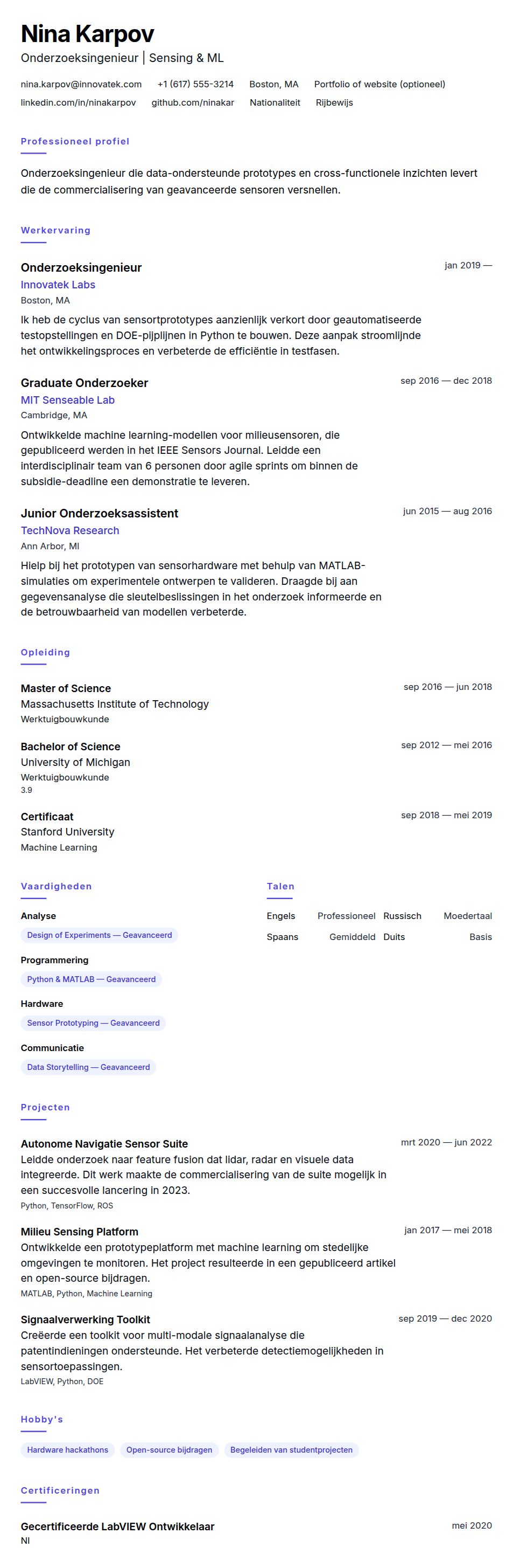 Cv-voorvertoning voor Voorbeeld CV Onderzoeksingenieur