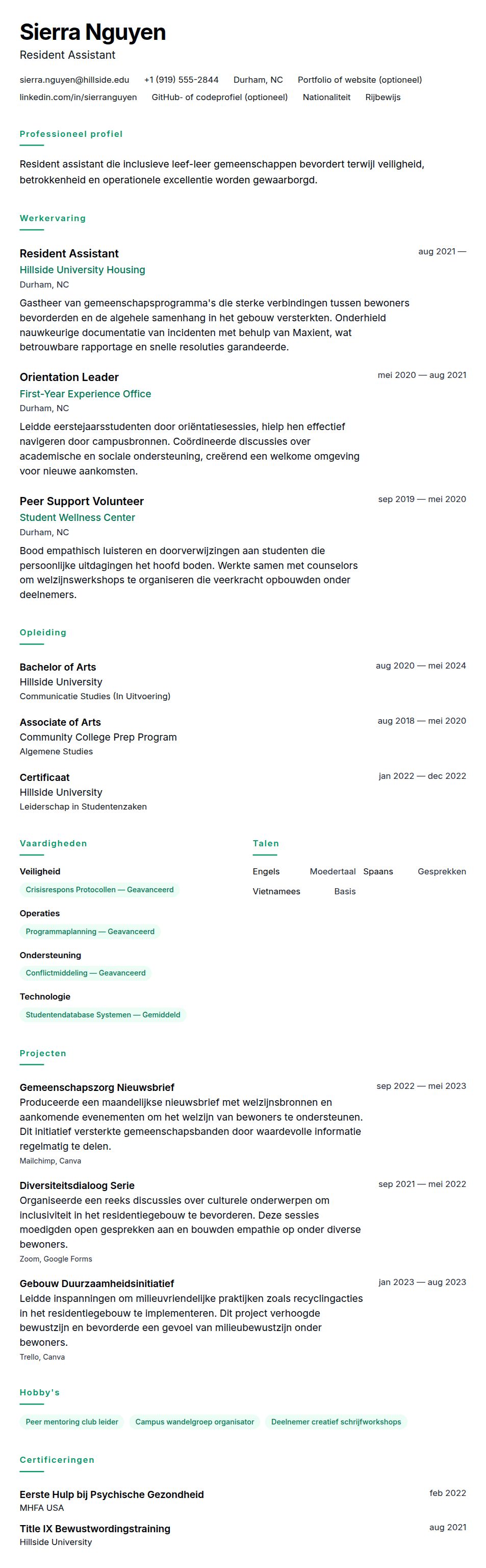 Cv-voorvertoning voor Voorbeeld cv Resident Assistant