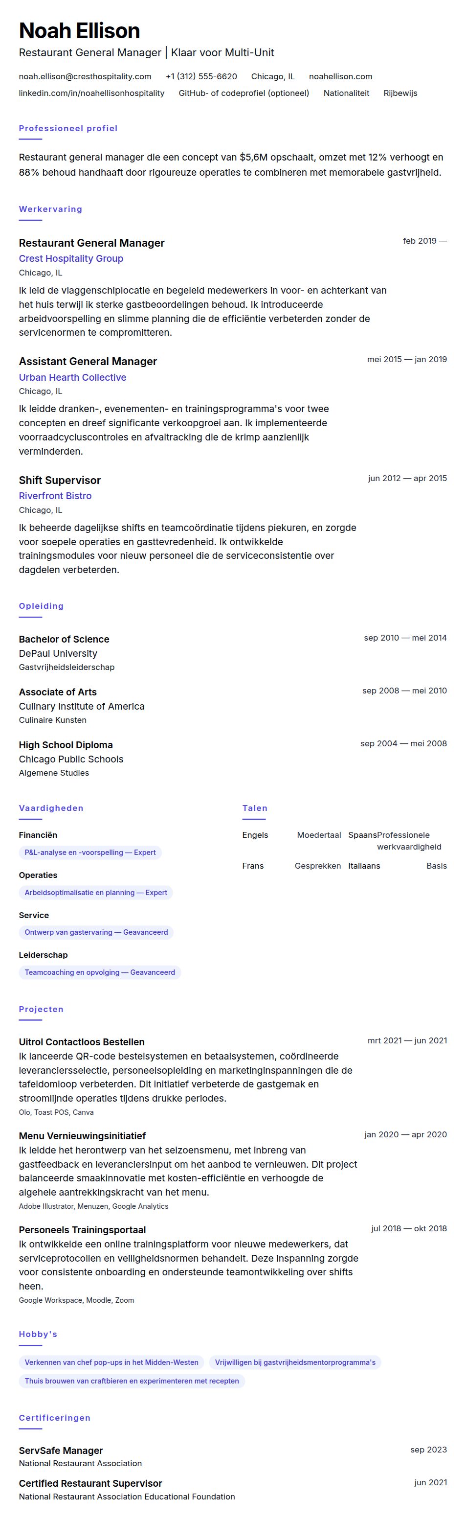 Voorbeeld CV Restaurant Manager