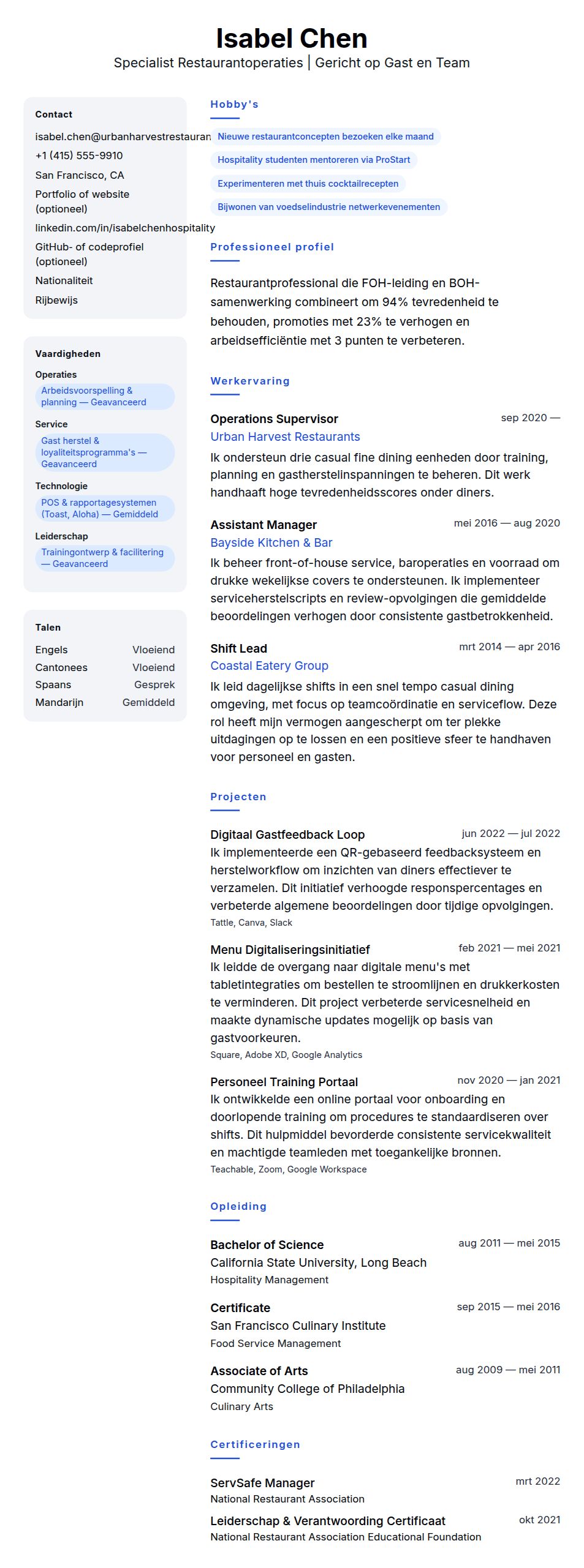 Cv-voorvertoning voor Voorbeeld CV Restaurantprofessional