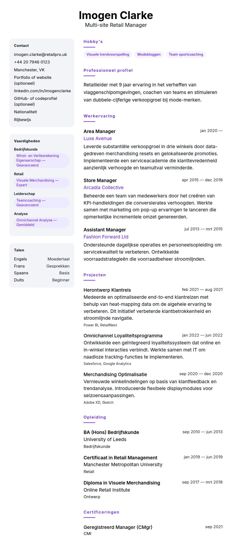 Cv-voorvertoning voor Voorbeeld cv Retail Manager